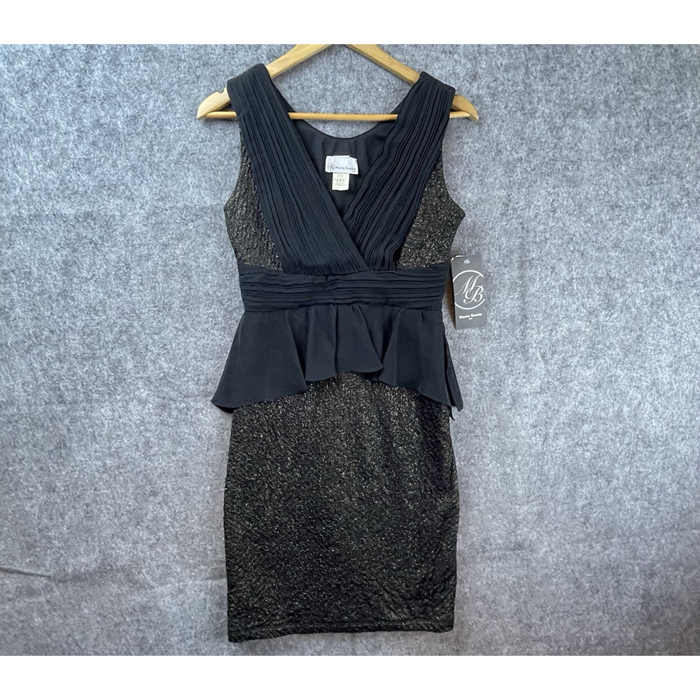 Vintage Maria Bonita Dress Medium Black Gold Sparkle Peplum Fitted Cocktail Y2K